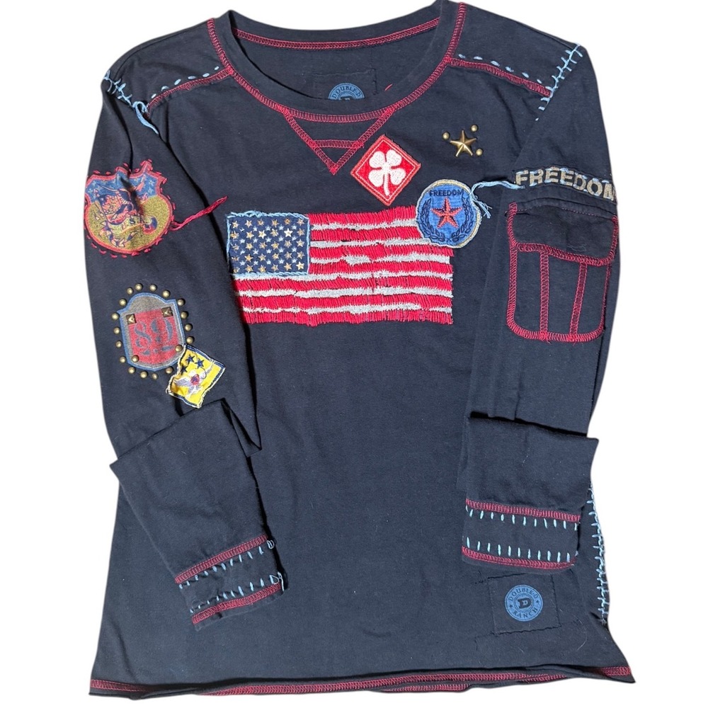 Double D Ranch Women Black Americana Patch Freedom Graphic Long Sleeve Tee Small